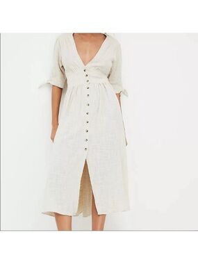 Free People Cream Button-Front V-Neck Midi Dress